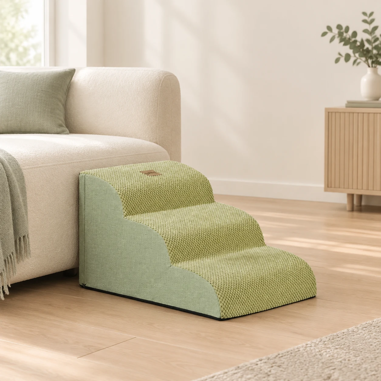 AI-styled room illustration of the green three-step stairs beside a cream sofa