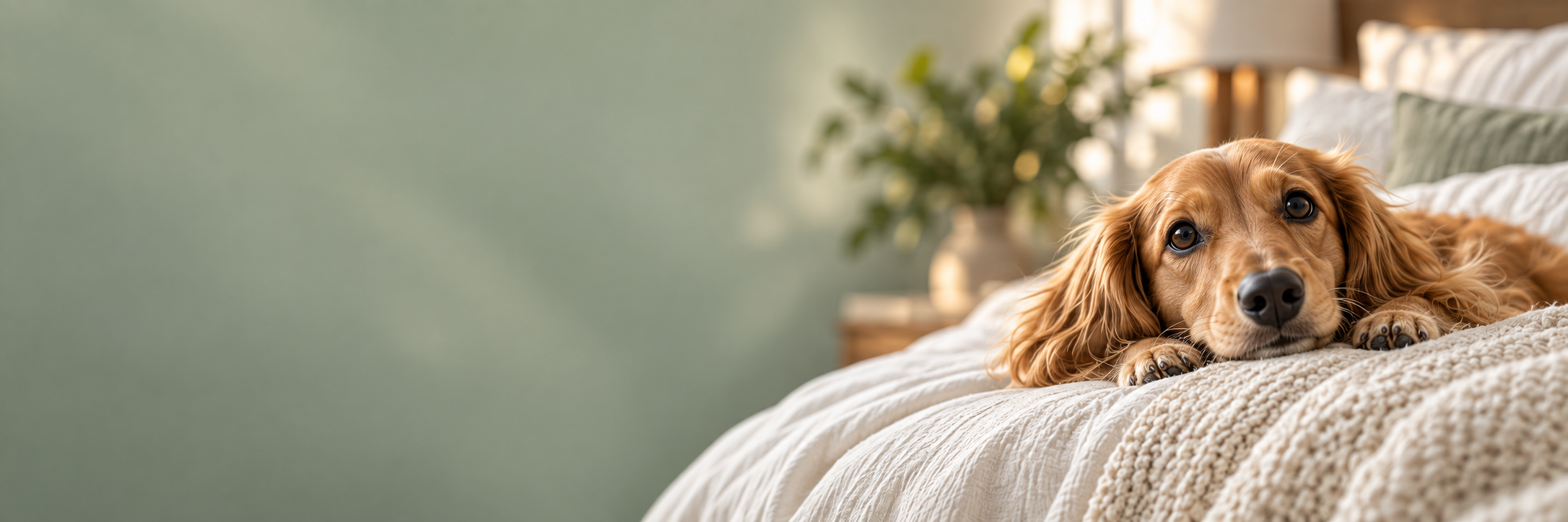 Golden dachshund resting its head on a soft linen bed