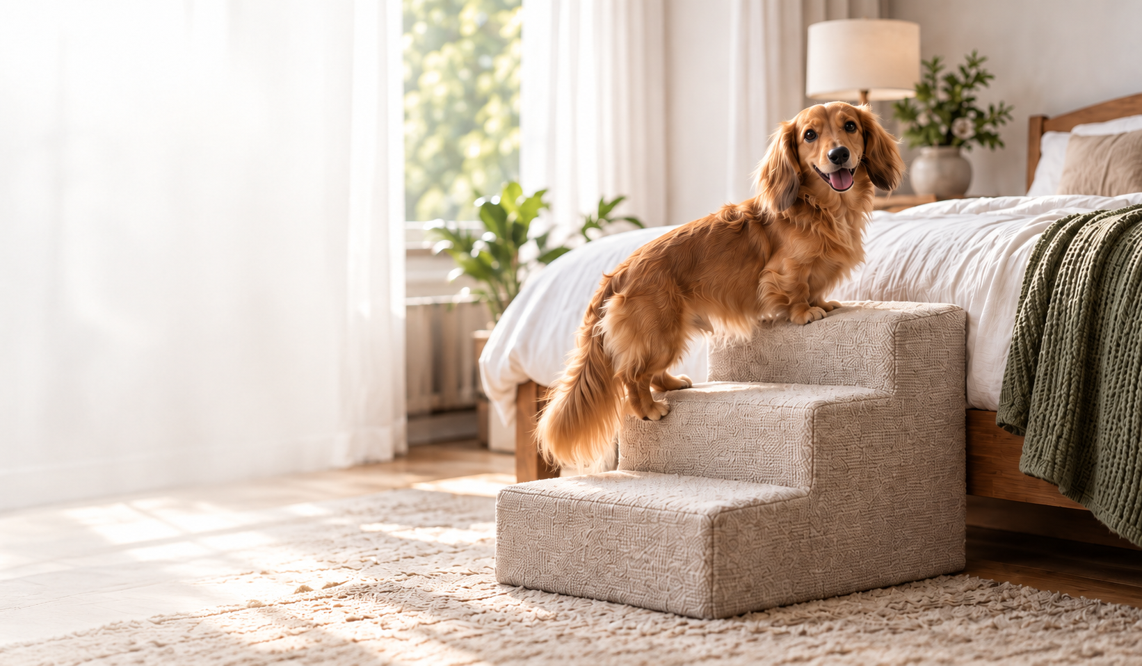 Golden long-haired dachshund on oat-colored steps beside a sunlit linen bed