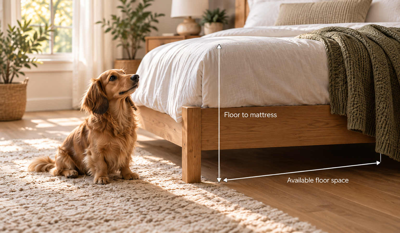 Measurement diagram: floor to mattress height and clear floor space beside the bed