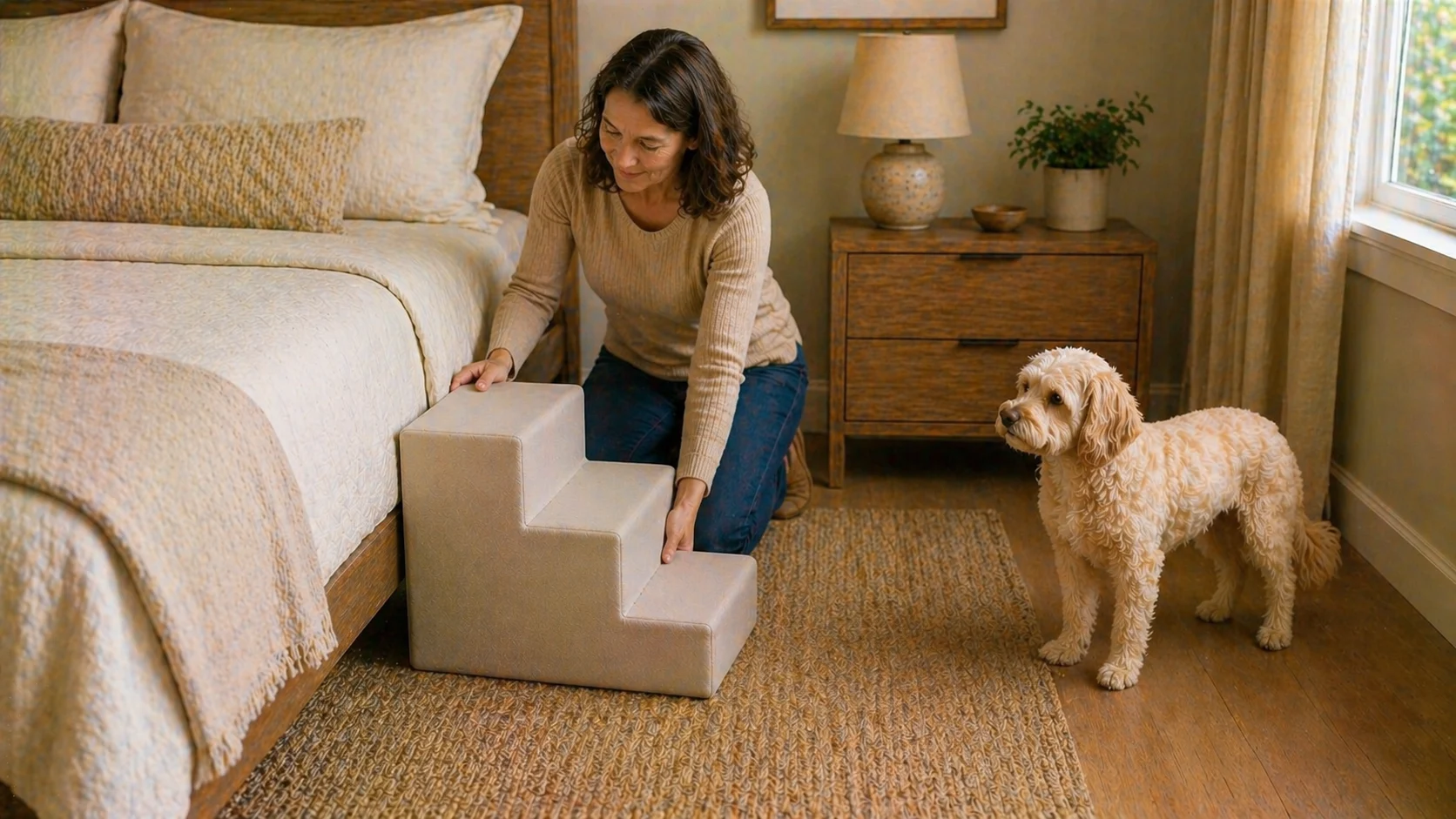 Guide visual showing bedroom floor space around dog stairs