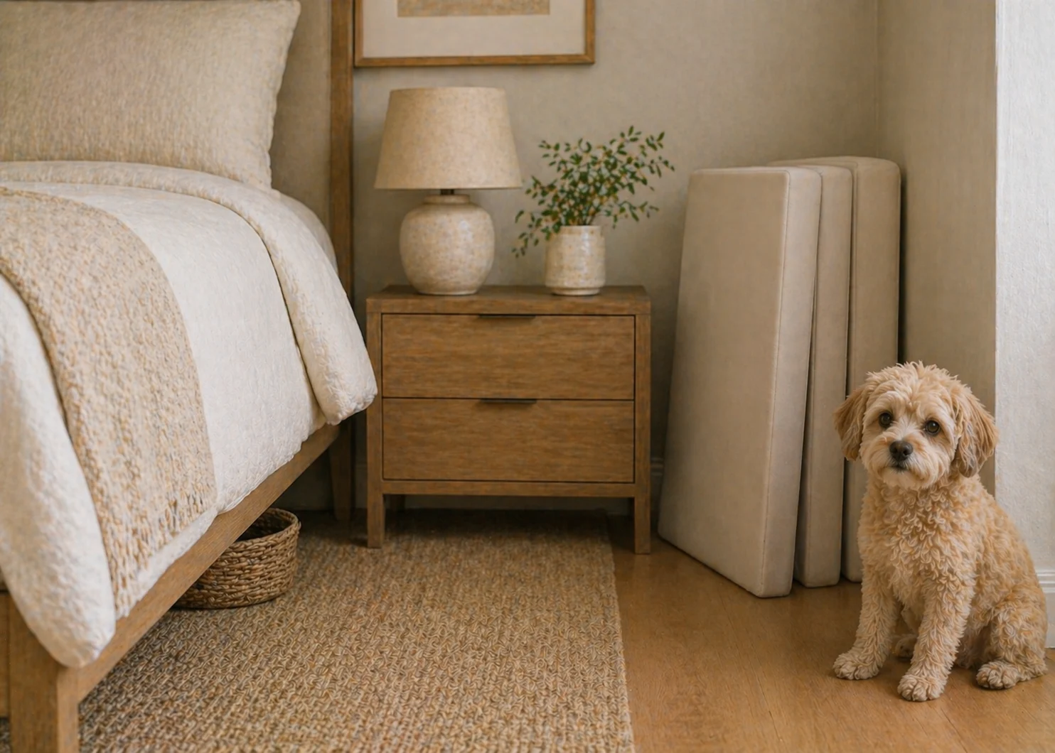Guide visual showing foldable dog stairs near a storage area