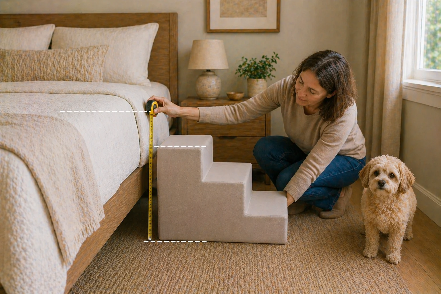 Guide visual showing how bed height affects dog stair fit