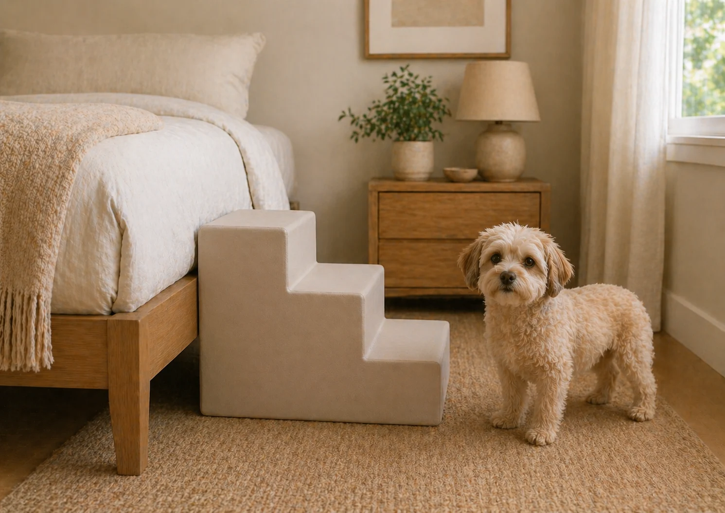 Guide visual showing a small dog beside lower-rise dog stairs