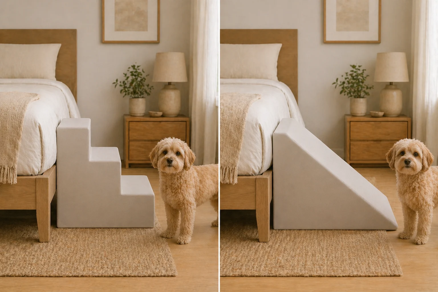 Guide visual comparing dog stairs and ramp shapes for bed access
