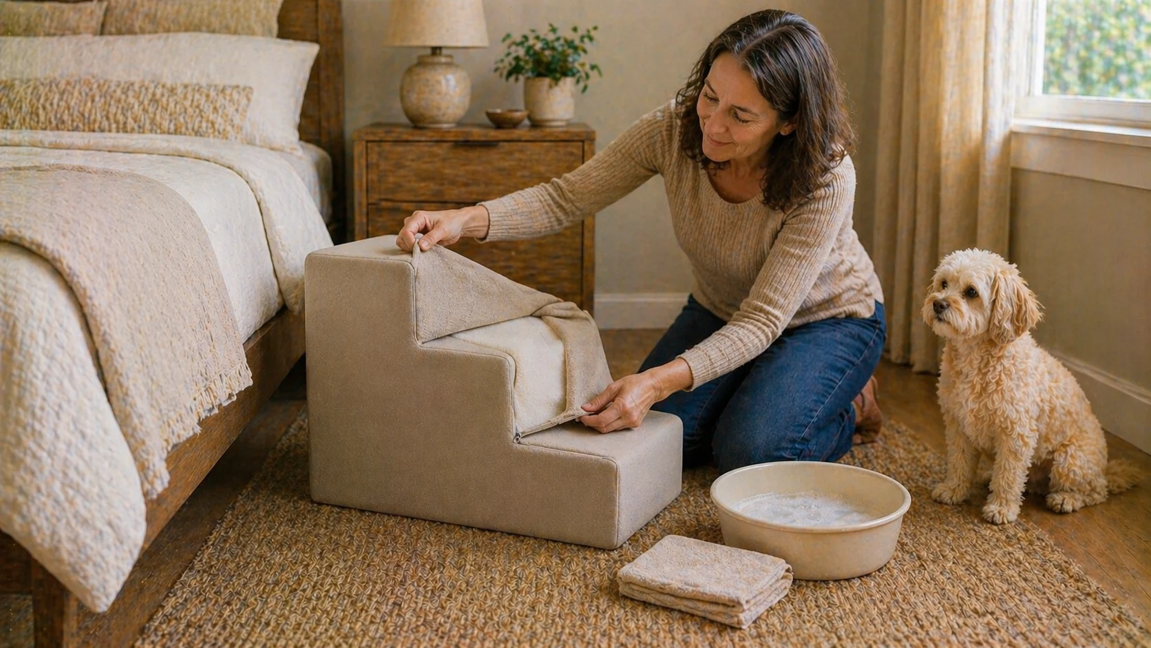 Guide visual showing washable dog stair cover and cleaning routine