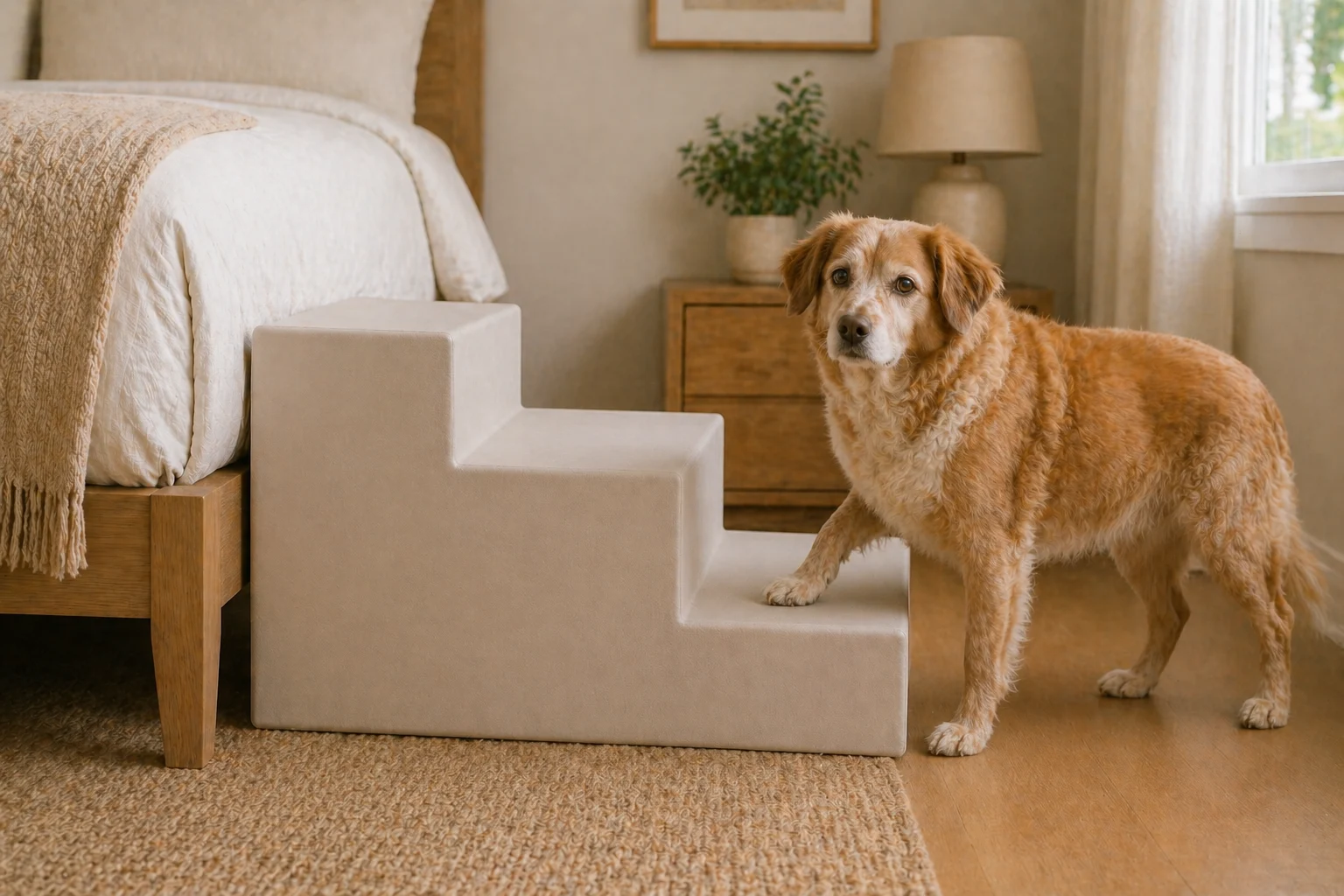 Guide visual showing wider dog stair landings for steadier footing
