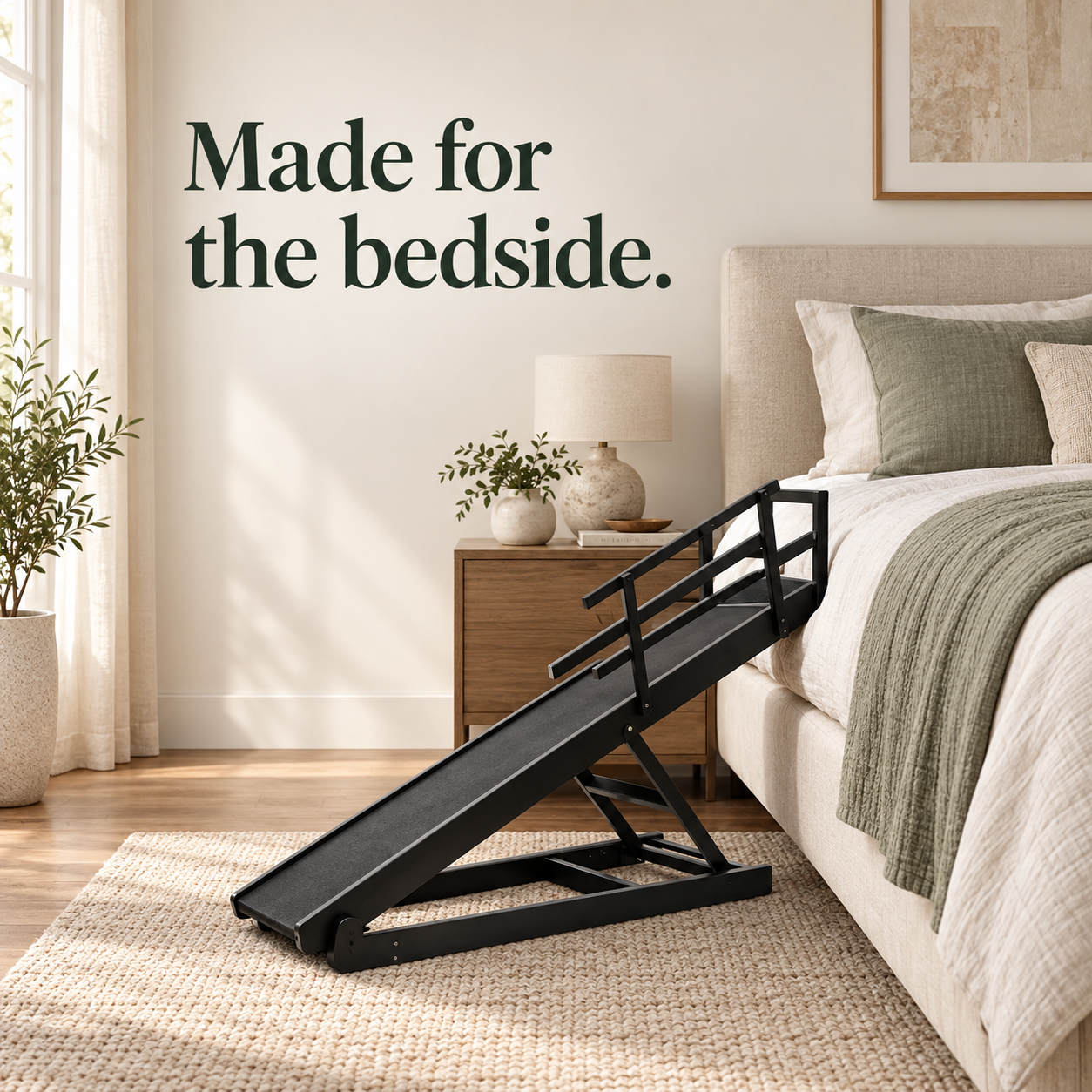 AI-styled bedroom illustration with a black ramp beside linen bedding